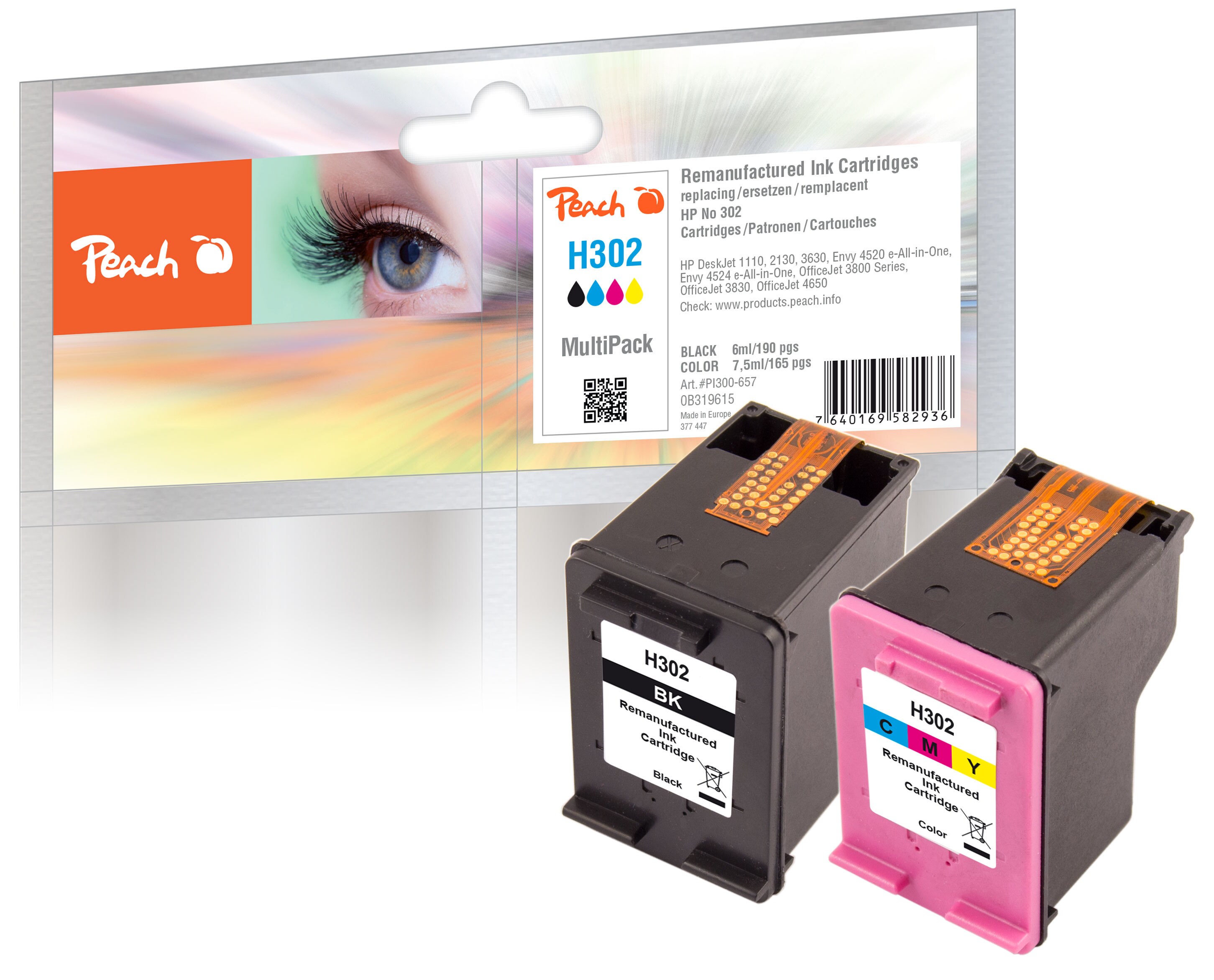 Peach HP 3022 Druckköpfe (bk, col) ersetzt HP No. 302, F6U66AE, F6U65AE für z.B. HP OfficeJet 3833, HP Envy 4520, HP OfficeJet 5232, HP DeskJet 3639 (wiederaufbereitet)