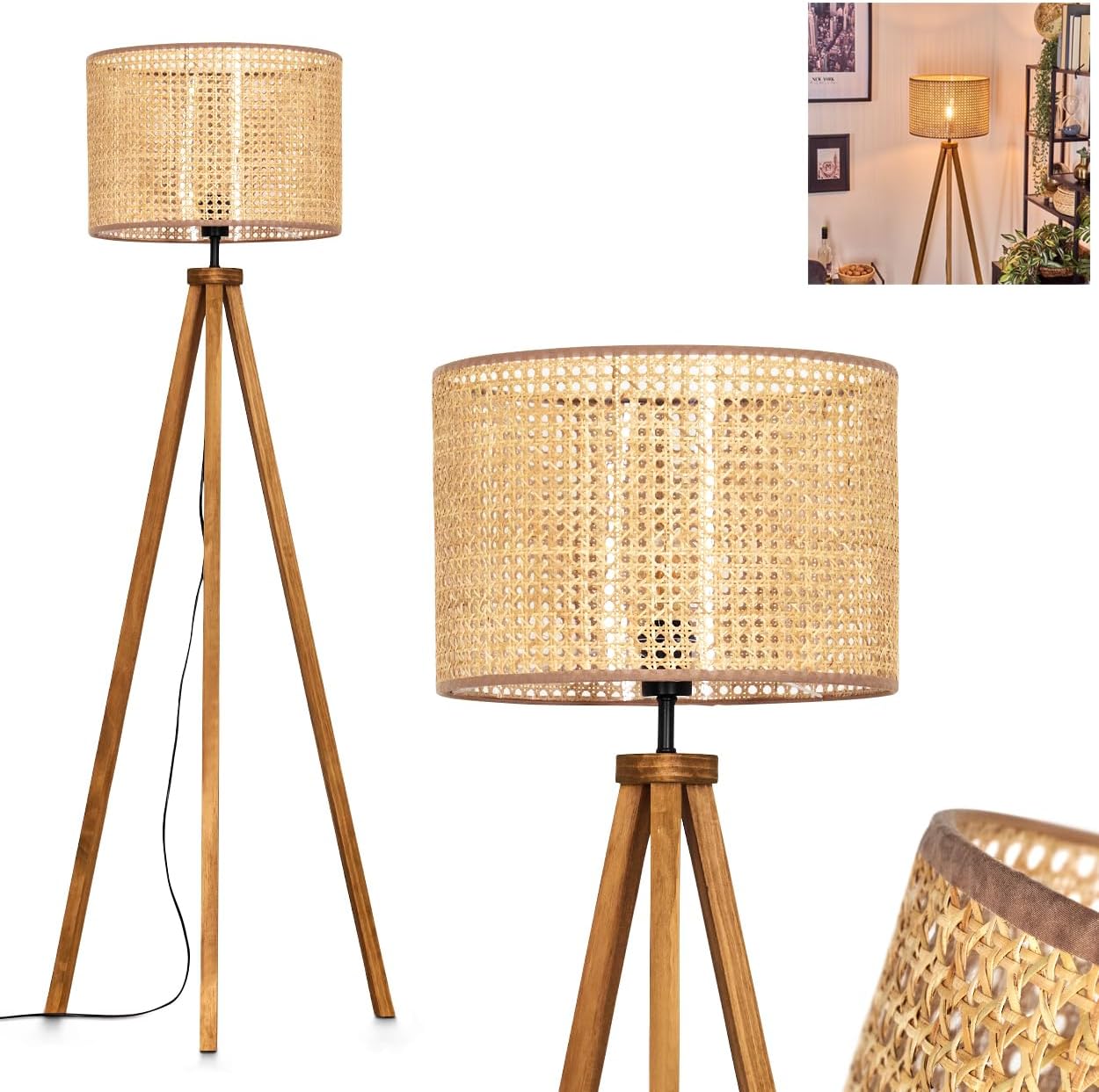 Stehleuchte Barcos, Stehlampe aus Holz/Wiener Geflecht/Rattan in Naturfarben/Schwarz, Leuchte im skandinavischen Design mit rundem Schirm (Ø 40cm) u. Fußschalter, Höhe 154cm, 1x E27, ohne Leuchtmittel