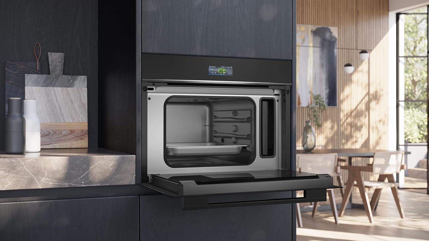 Siemens CD714GXB1, Smarter iQ700 Einbau-Dampfgarer, 60 x 45 cm, 1,3 L Wassertank, Regenerieren mit Dampf, Farb-Display, cookControl Automatikprogramme für beste Ergebnisse, Home Connect, Schwarz