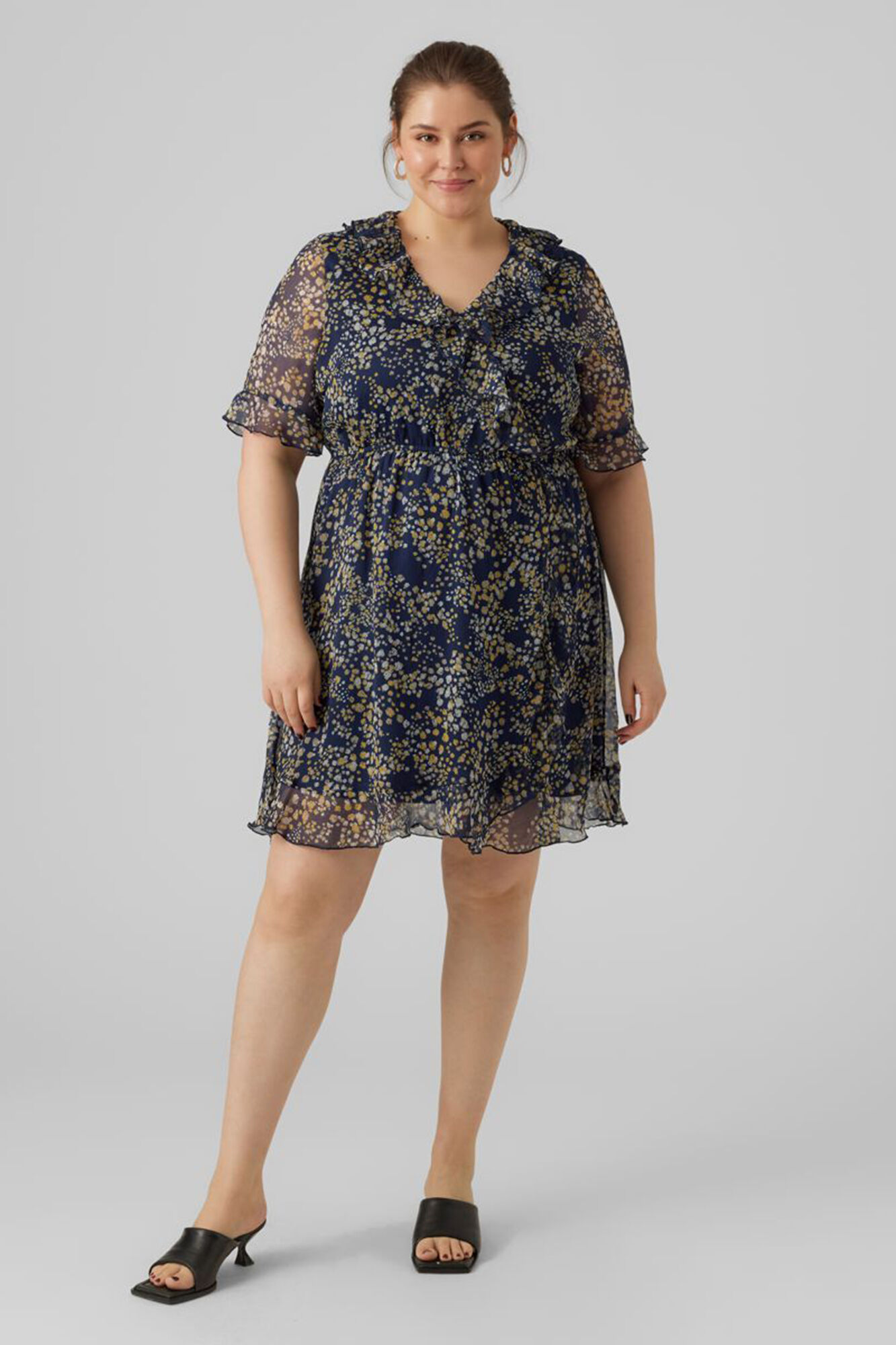 Vestido curto plus size com mangas 2/4 - Azul marinho