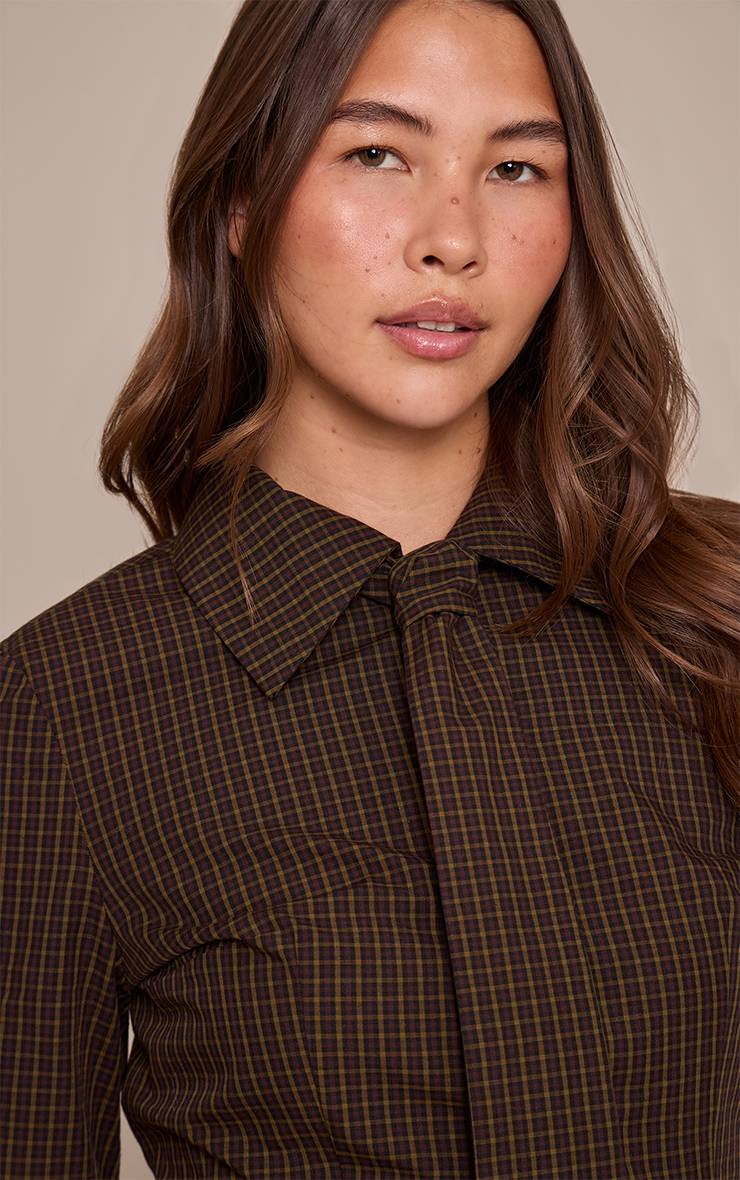 Marron Chemise Cintrée À Carreaux Avec Détail Cravate
