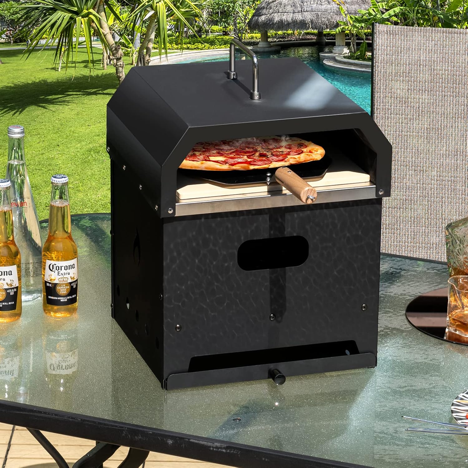 GYMAX Four à Pizza Extérieur Mini, Fours à Pizza au Bois avec Pierre à Pizza, Pelle à Pizza, Jambes Pliantes et Poignées Portables, Ventilateurs Ajustables, Couvercle Imperméable