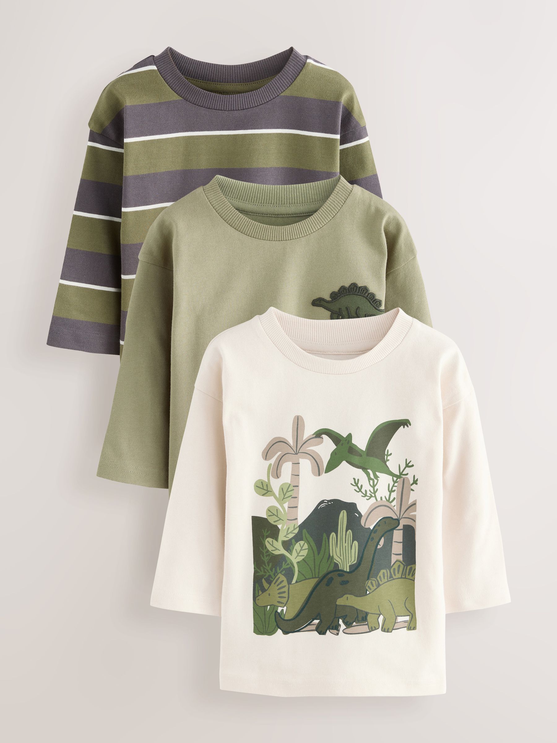 Groen met dinosaurussen - Set van 3 T-shirts met grafische print en lange mouwen (3mnd-7jr)