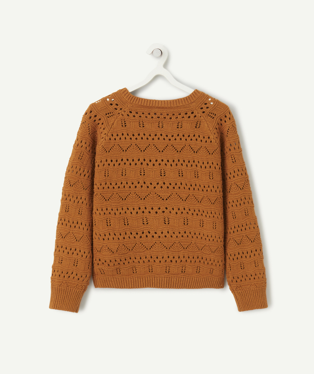 gilet en tricot ajouré fille marron avec boutons pailletés