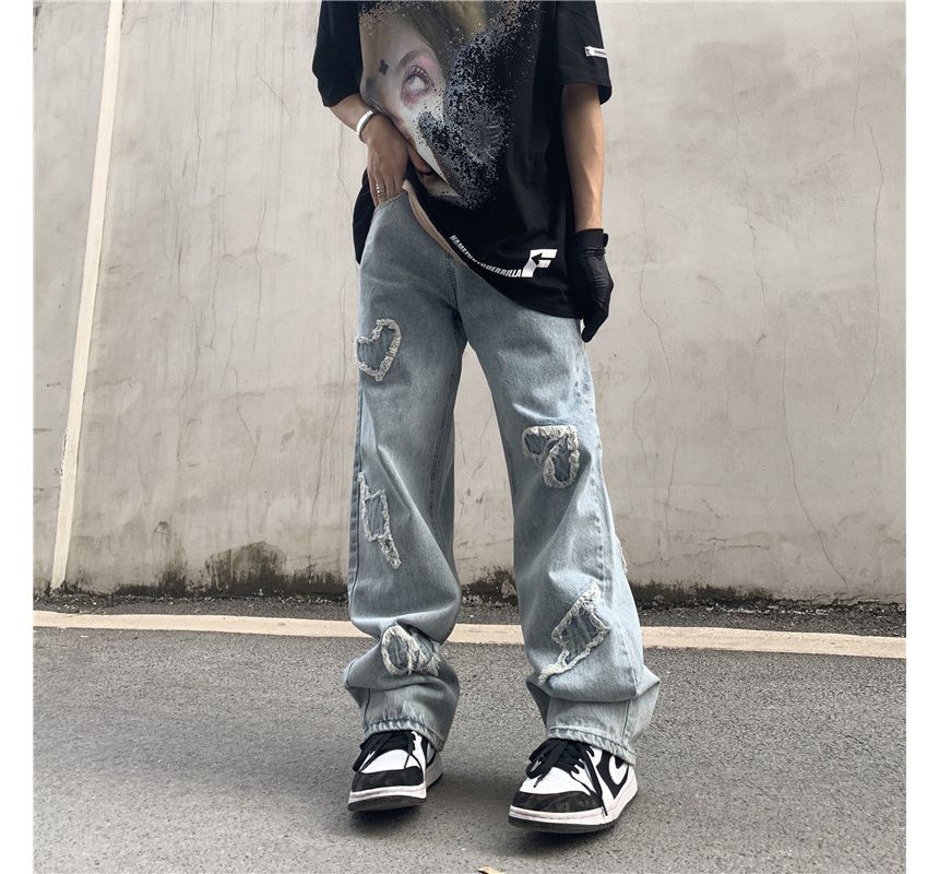 GRAYCIOUS - Mid Rise Washed Heart Embroidered Wide Leg Jeans
