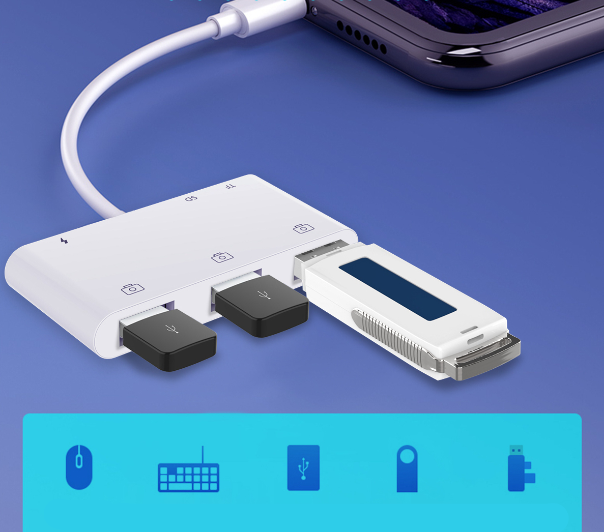 Lightning auf USB A Kamera Adapter mit SD / Micro SD Kartenlesegerät / 3-fach USB A / Ladeanschluss für Apple iPhone / iPad - Weiss