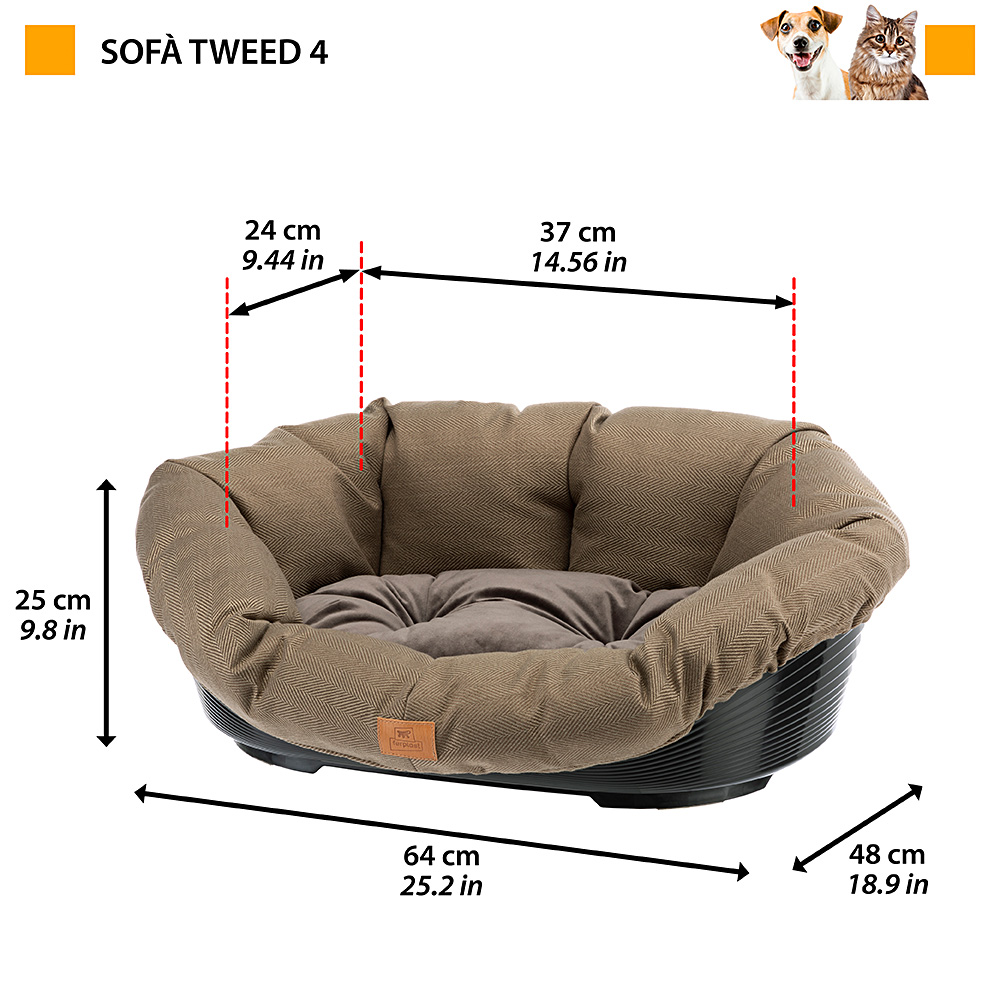 Ferplast panier chien et chat avec coussin sofa' 4 tweed lavable, lit pour chien et chat en plastique rembourré, corbeille en
