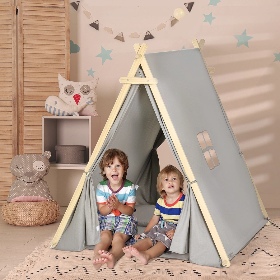HOMCOM Kinder Tipi Zelt mit Kissen, Bodenmatte und Aufbewahrungstasche grau