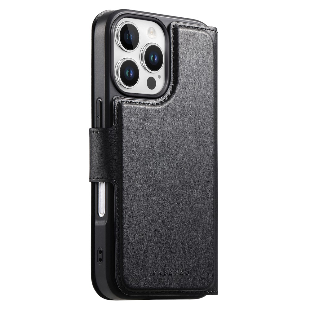 iPhone 16 Pro MagSafe Leder Case Schutzhülle mit Finger Griff Halterung   Abnehmbare Tasche inkl. Kartenfächer (RFID Schutz) - Schwarz