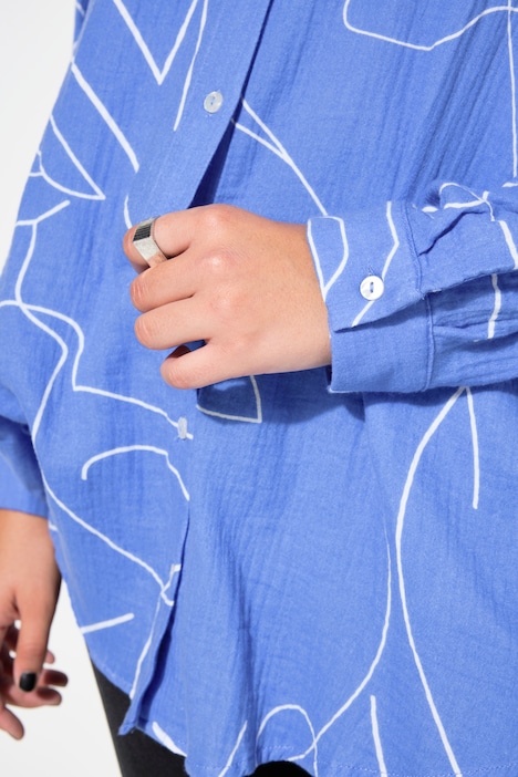 Hemdbluse, oversized, Musselin, Print, Langarm