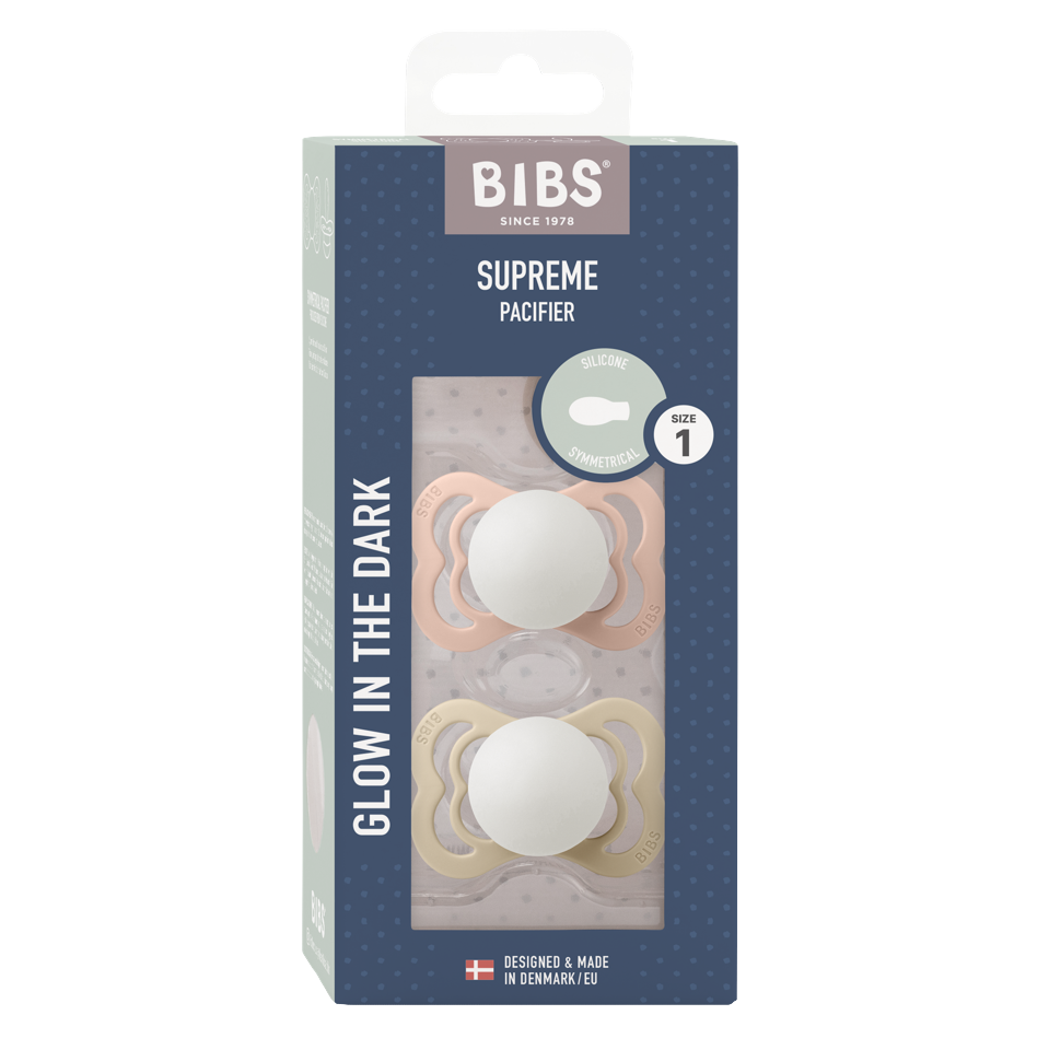 BIBS - Pacifier Supreme 2 PACK Silicone - Blush GLOW/Vanilla GLOW - Size 1