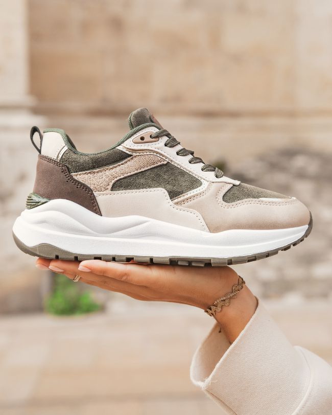 Basket femme kaki et beige à lacets - Bettina