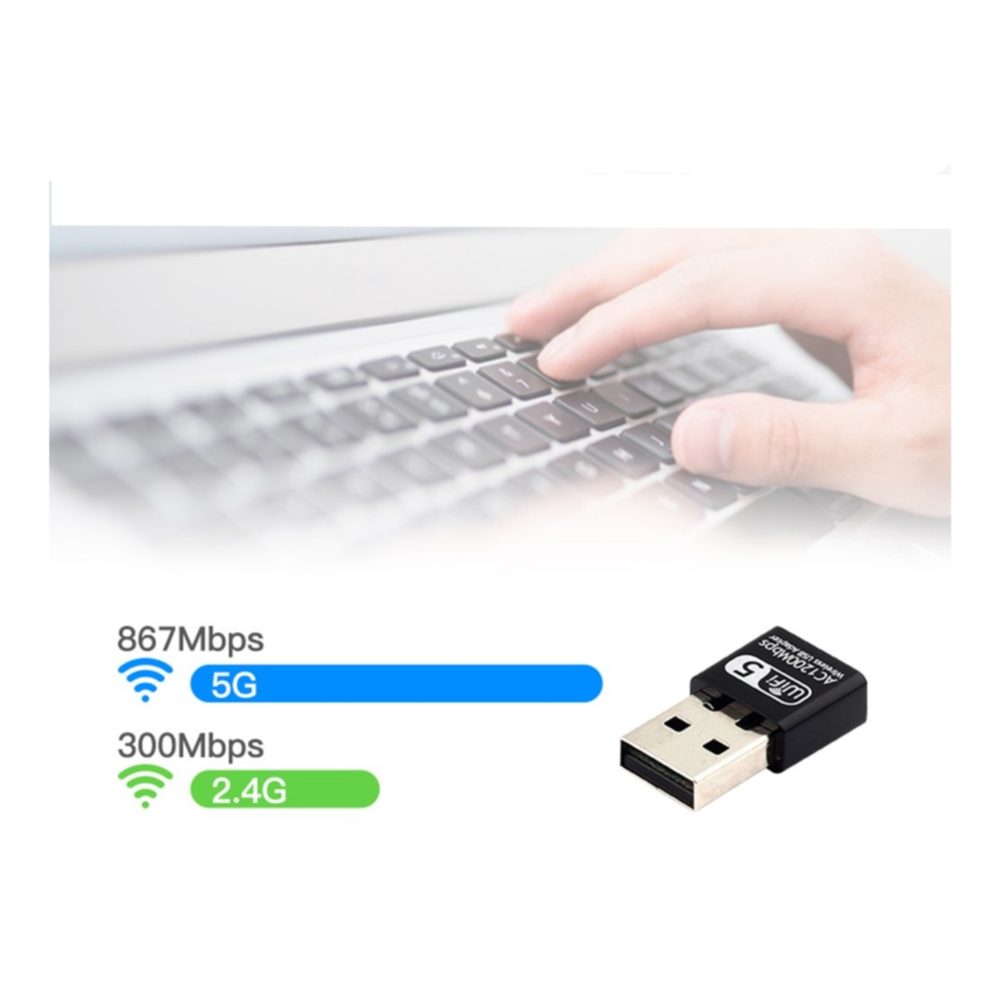 (1200Mbps) 5Ghz / 2.4Ghz Dualband USB 2.0 WiFi Stick Dongle Netzwerk Adapter 802.11b/g/n - Schwarz