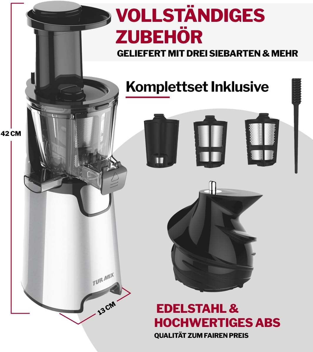 TURMIX Entsafter Slow Juicer CX 680 mit 150W Motor, 3 Siebeinsätze, BPA-frei & leise – Kaltentsafter für ganze Früchte & Gemüse | Saftpresse elektrisch