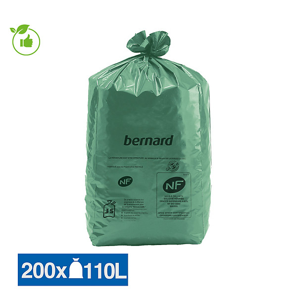 Sacs poubelle déchets lourds Bernard Green NF verts 110 L, lot de 200