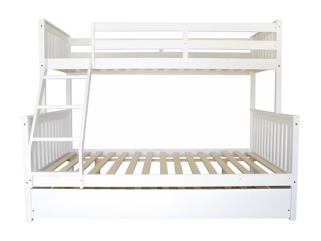 Lit superposé triple + lit pieds pliants bois blanc 135 cm