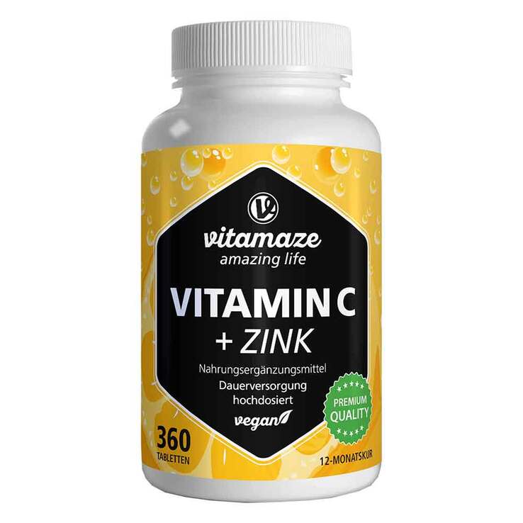 Vitamin C 1000 mg hochdosiert + Zink vegan Tabletten, 360 St