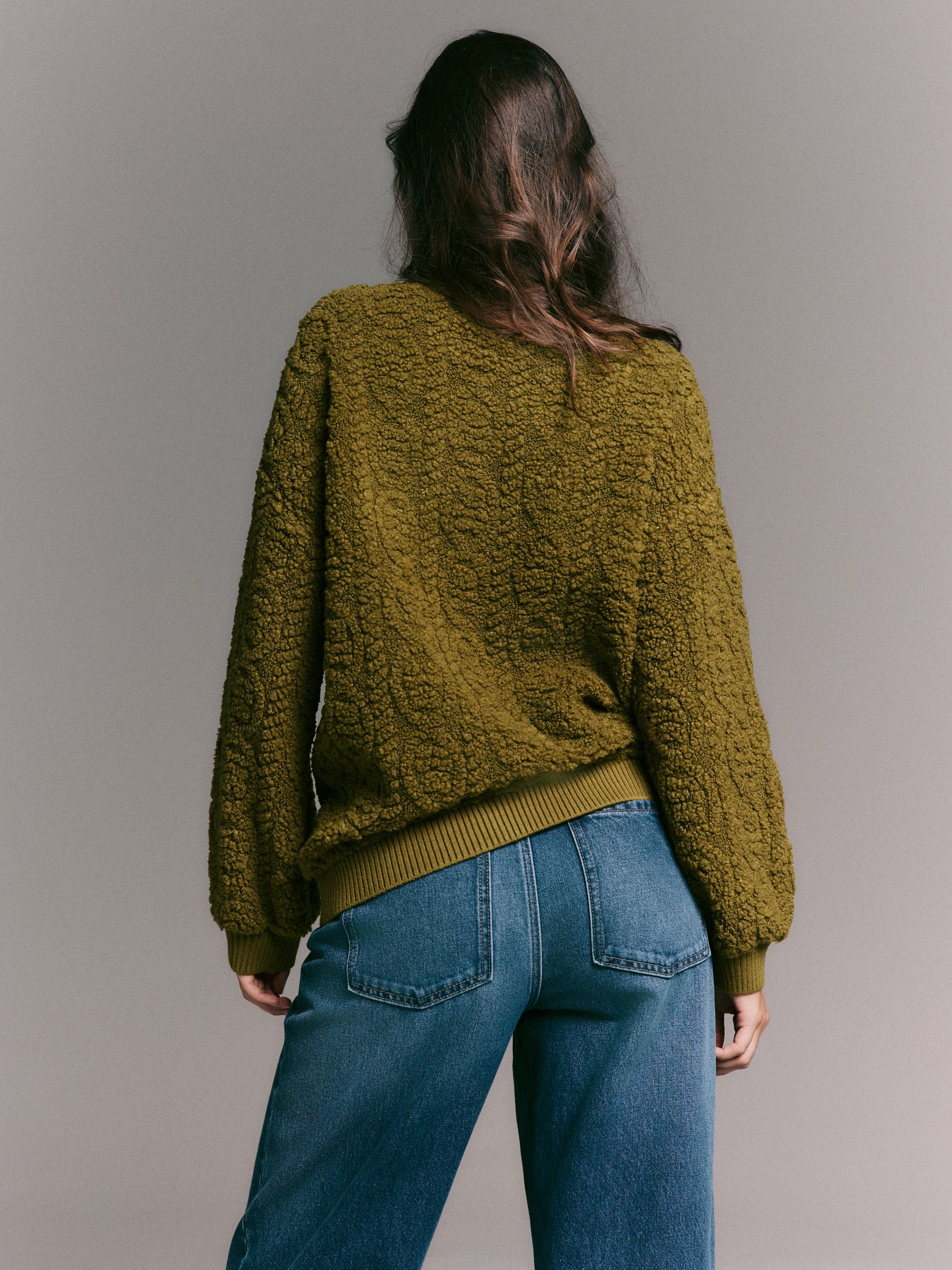 Olijfgroen - Fluffy Soft Borg Cable Long Sleeve Crew Neck Sweatshirt