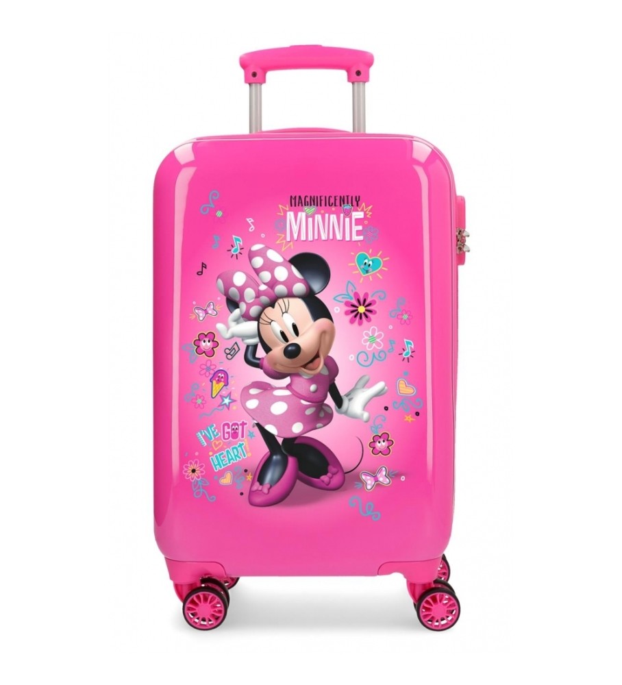 Mala de viagem rígida rosa da Minnie Mouse da Disney com adesivos.
