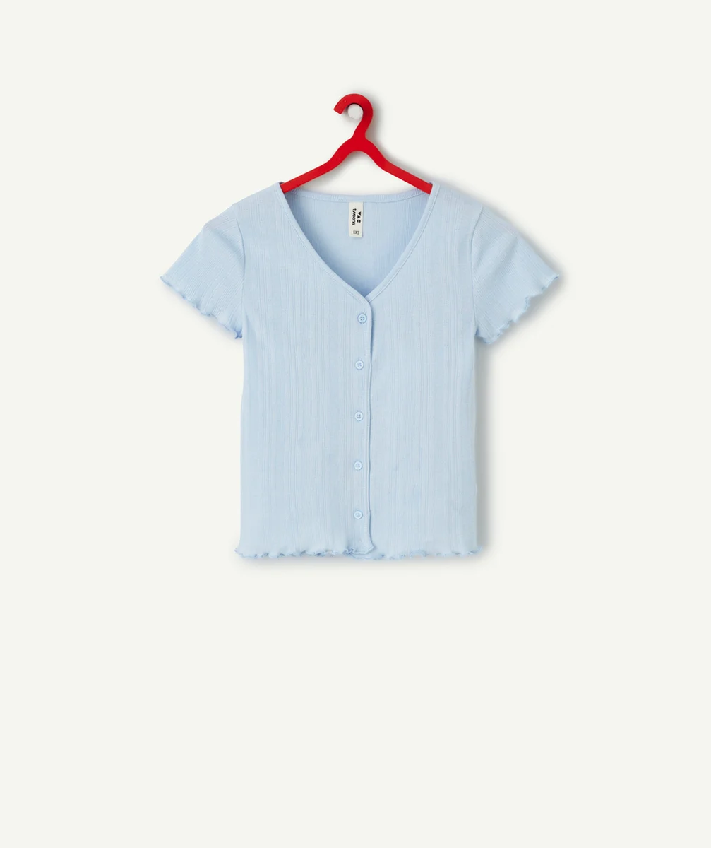 T-SHIRT TRICOT MANCHES COURTES FILLE EN COTON BIO BLEU ET CÔTELÉ