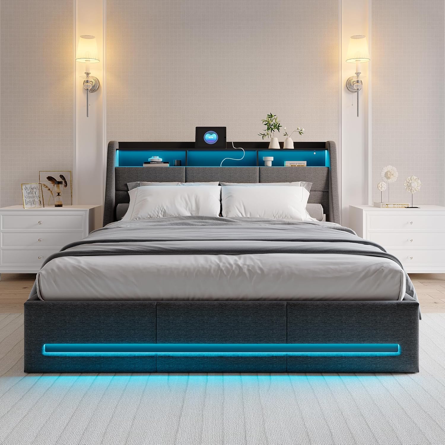 Polsterbett 140x200 cm mit LED-Kopfteil, Doppelbett mit USB und Lattenrost, Hydraulischem Stauraum und Metallrahmen, Jugendbett, Leinenstoff Grau (Ohne Matratze)
