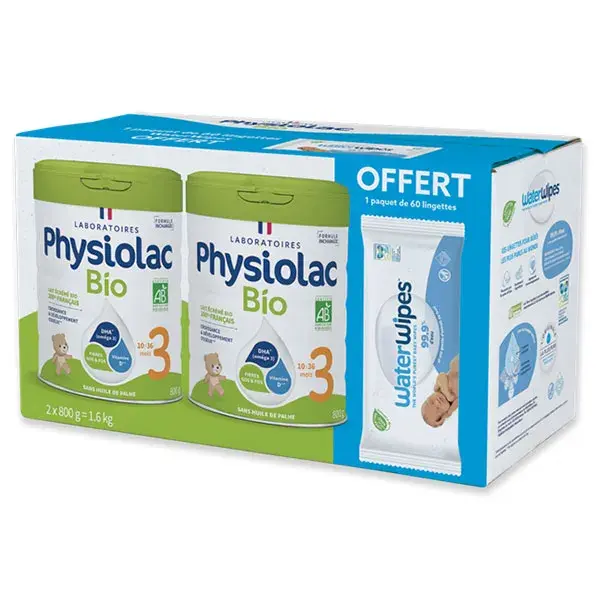 PHYSIOLAC BIO LAIT CROISSANCE 3ème âge Lotx2 800g + 1 paquet WATERWIPES Lingettes x60 Offert
