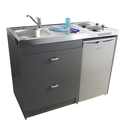 Kitchenette Silver grise, caisson + plan de travail + évier + frigo + plaque électrique