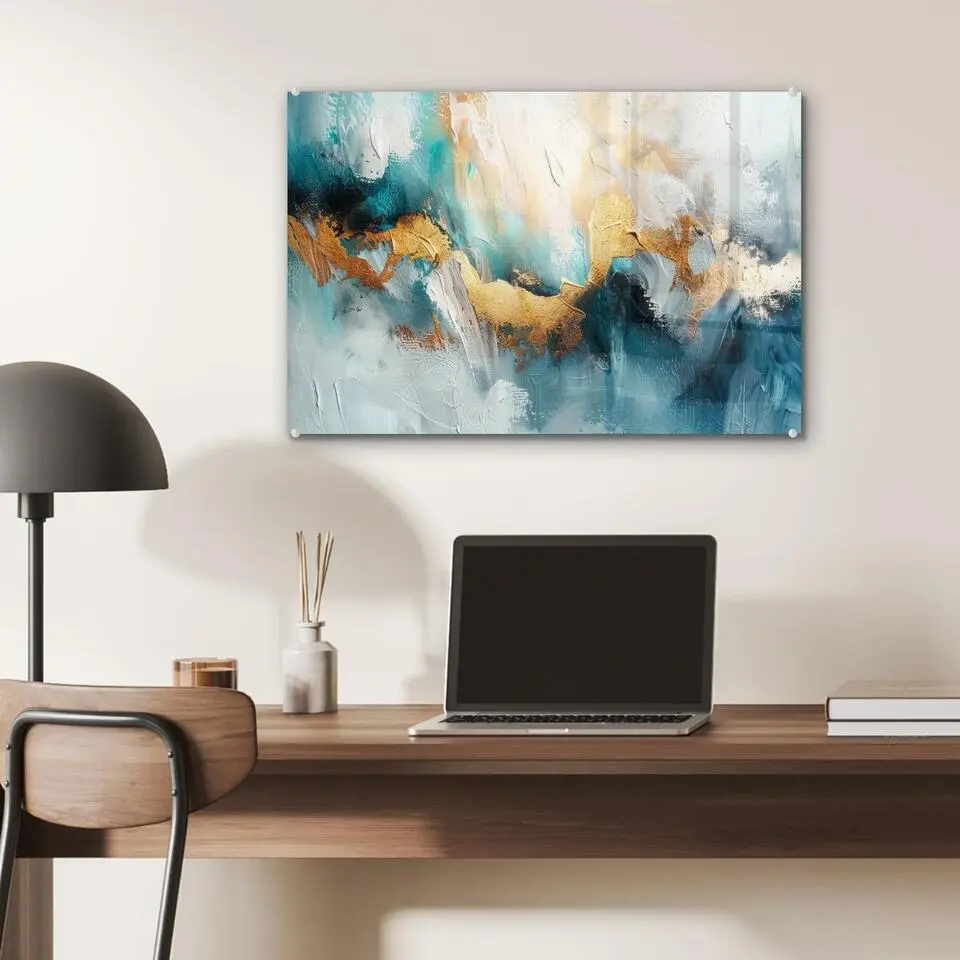 MuchoWow Glasschilderij 60x40cm Abstract Kunst Gold Blauw