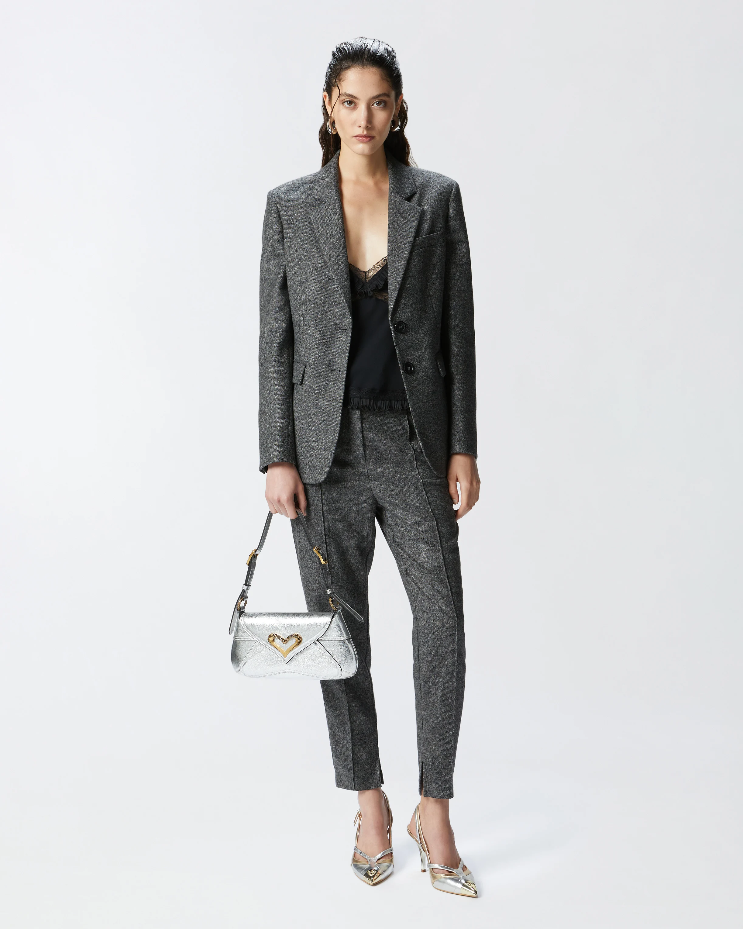 Pantalon cigarette gris en flanelle texturée | Noir