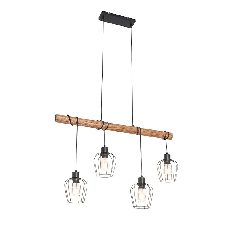 Smart hanglamp zwart met hout incl. 4 Wifi A60 - Stronk