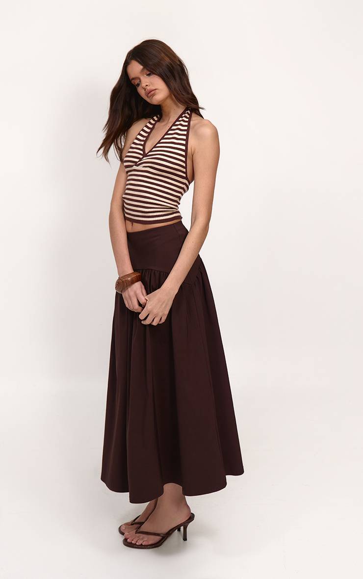 Chocolat Jupe Midaxi Tissée Stretch À Taille Basse