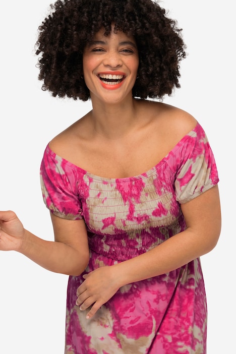 Jersey-Maxikleid, Alloverdruck, Runhdhals, gesmokte Büste, Halbarm