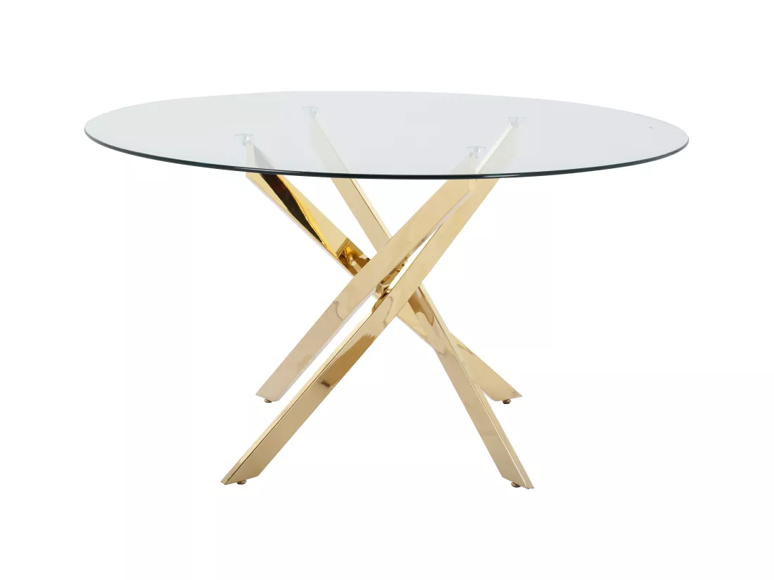 Table à manger ronde 6 personnes en verre trempé et métal doré - Transparent - COSIMA