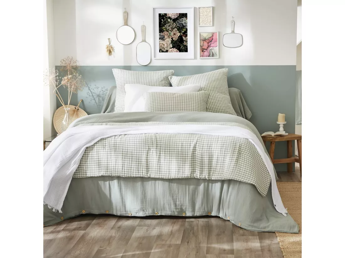Taie d'oreiller gaze de coton imprimé vichy 60x60 Vert