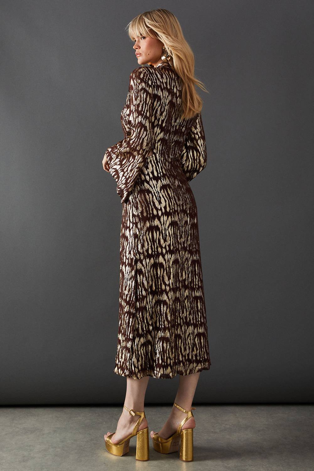 Warehouse Robe Midi en Jacquard Métallique à Motif Animal