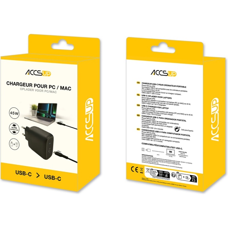 Chargeur et câble d'alimentation PC Accsup Chargeur secteur 45W Type C