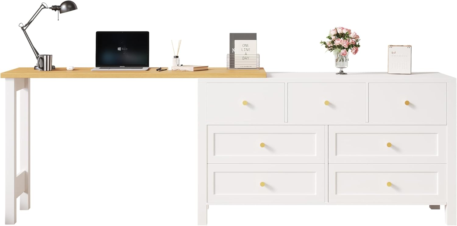 Merax Schreibtisch mit 7 Schubladen, 2-in-1 Sideboard und Arbeitsplatz, 360° drehbar, L-förmiger Eckschreibtisch oder Frisiertisch, Viel Stauraum & modernes Design, einfache Montage, Weiß & Holzfarbe
