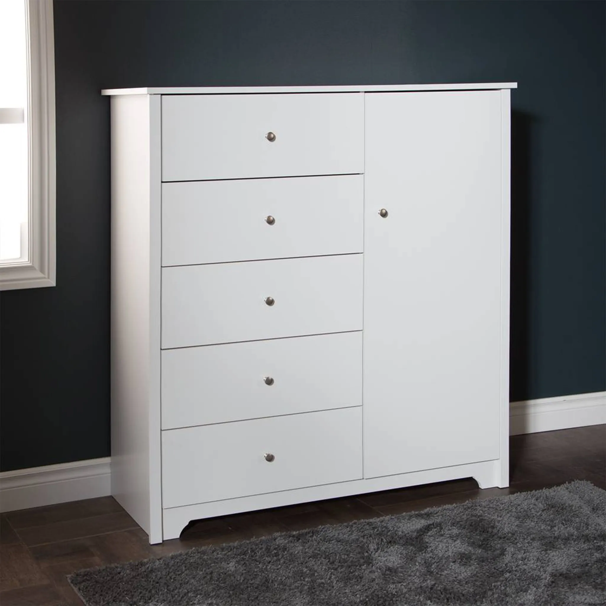 South Shore Commode Vito avec Porte et 5 Tiroirs - Blanc Solide