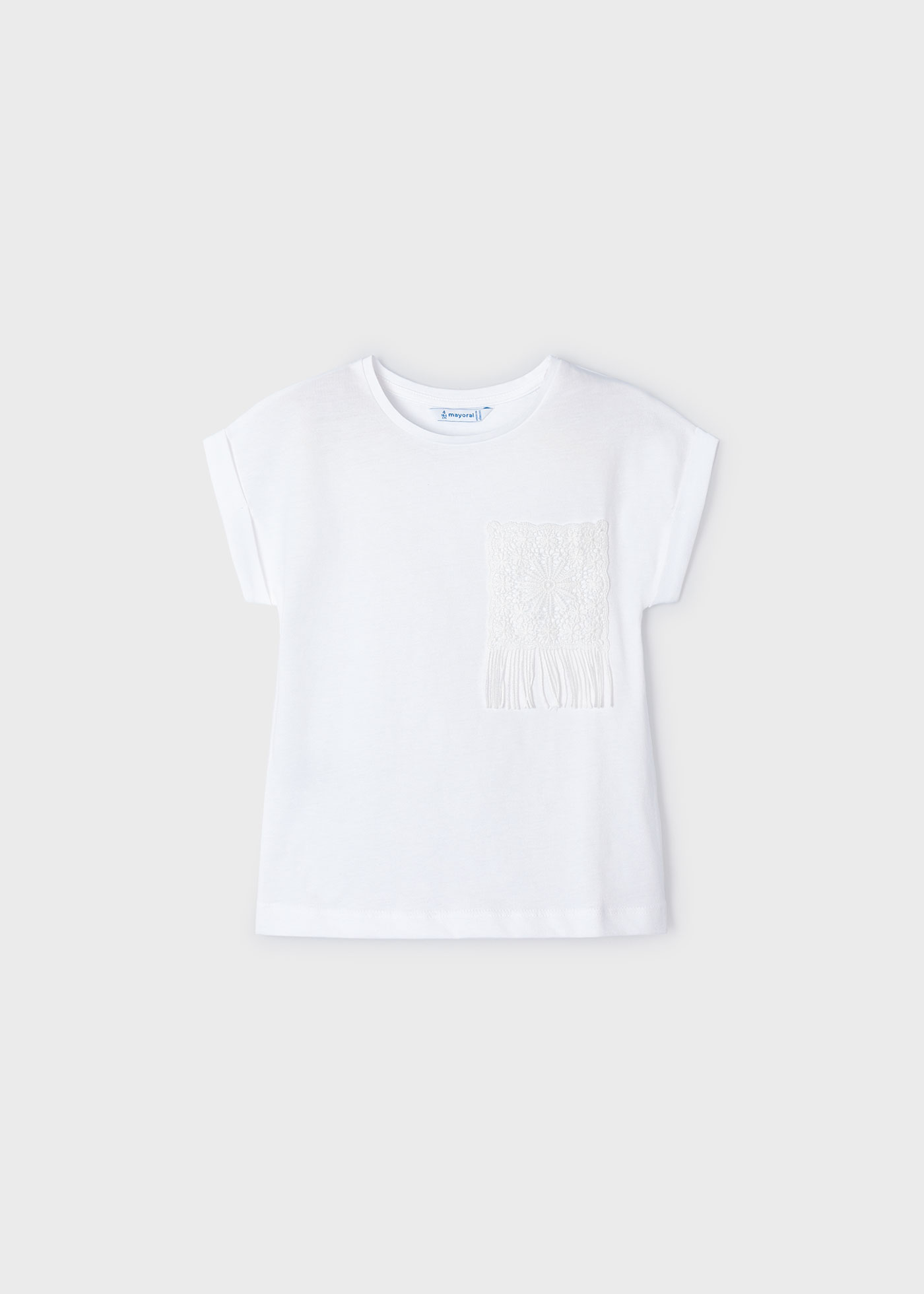 Camiseta branca de crochê com bolso para meninas