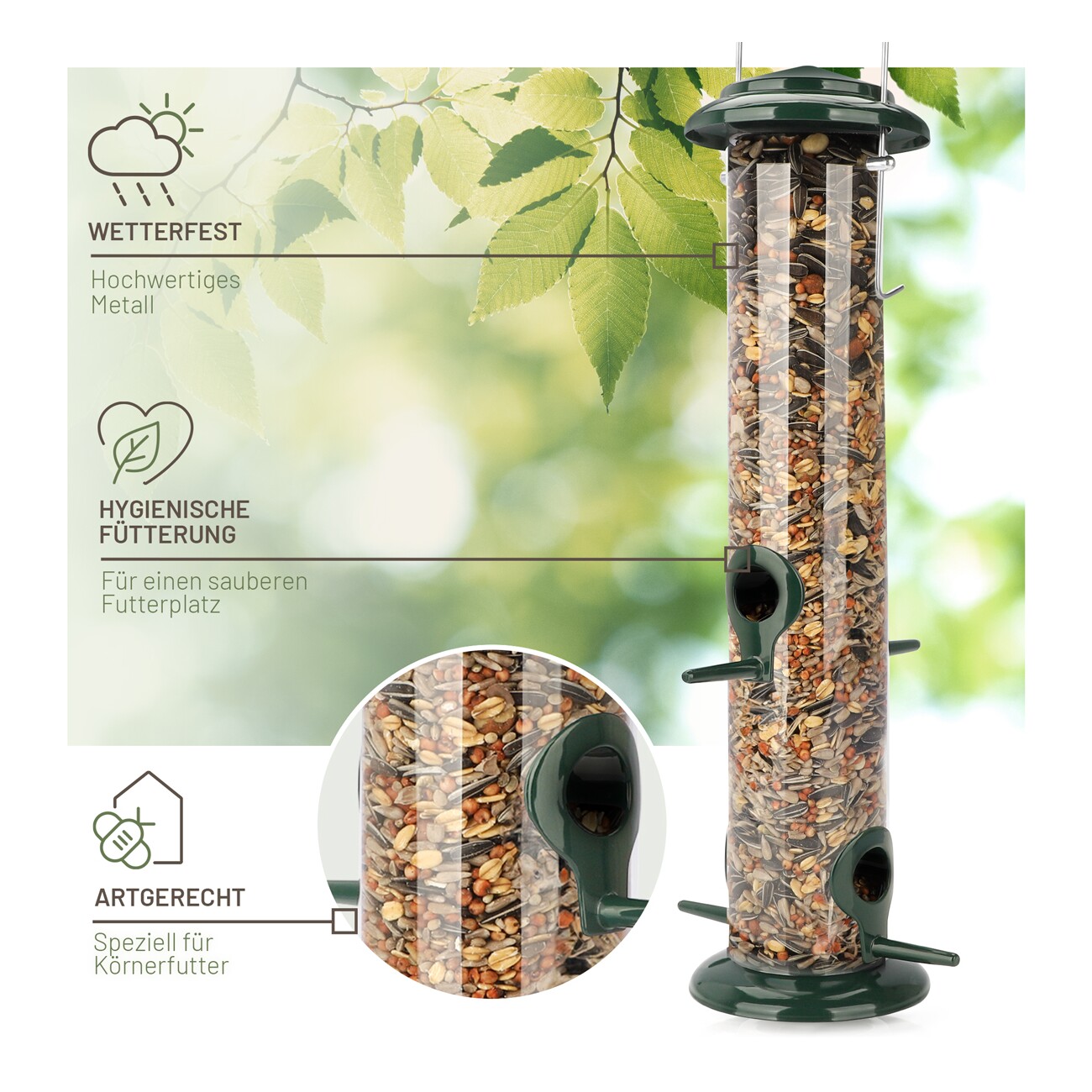wildtier liebe Futtersäule für Samen, Körner & Kerne 38cm, Grün