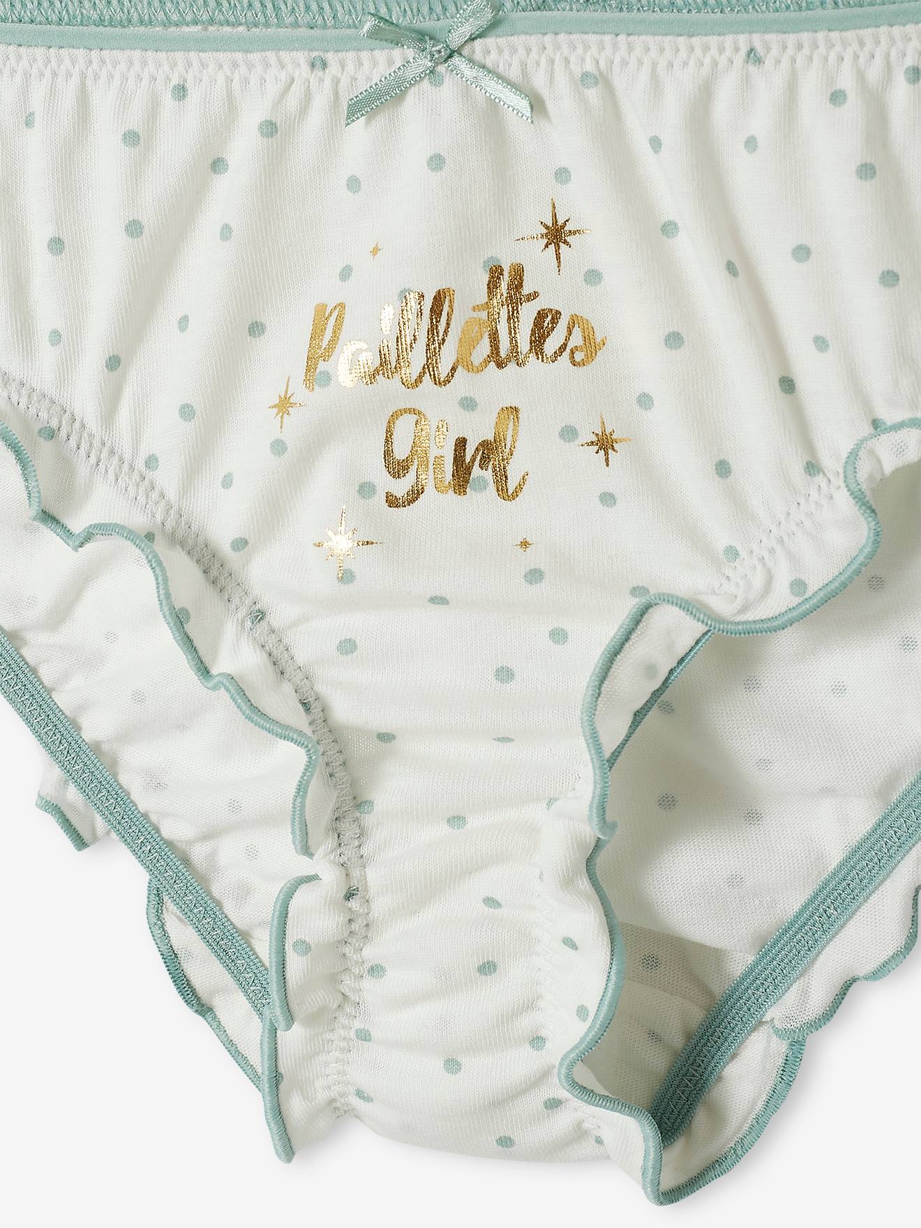 Conjunto de 3 calcinhas com babados, estampa branca clara, para meninas.
