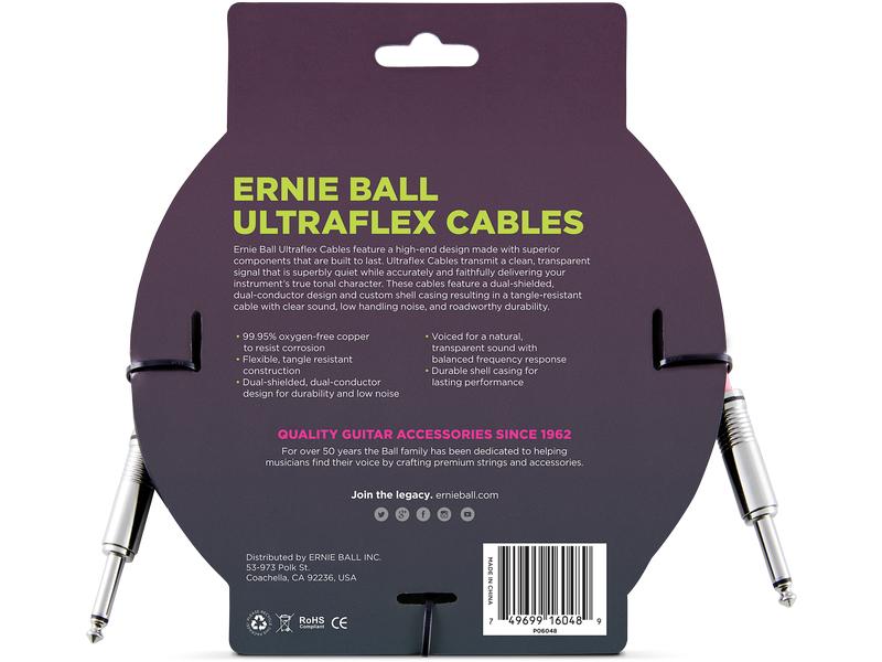 Ernie Ball Instrumentenkabel 6048 – 3.05 m, Schwarz Standardkabel für Instrumente, Klinke-Klinke