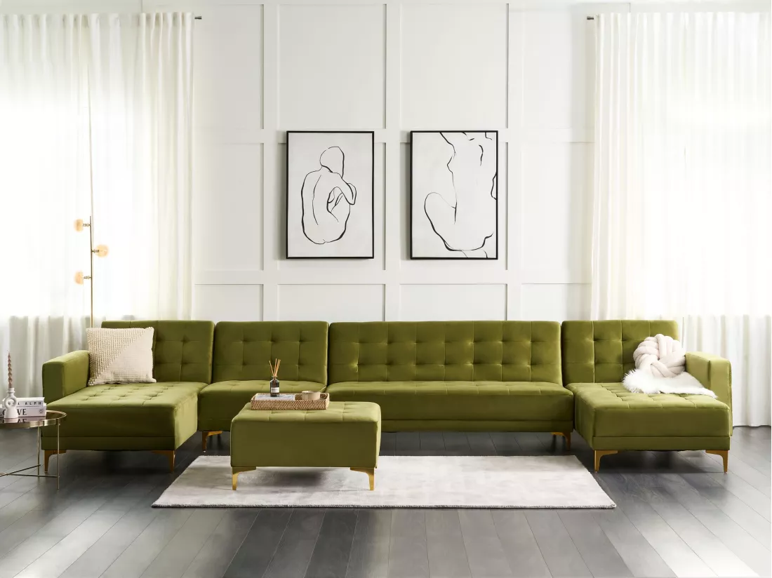 Canapé modulable 6 places en forme de U velours vert ABERDEEN