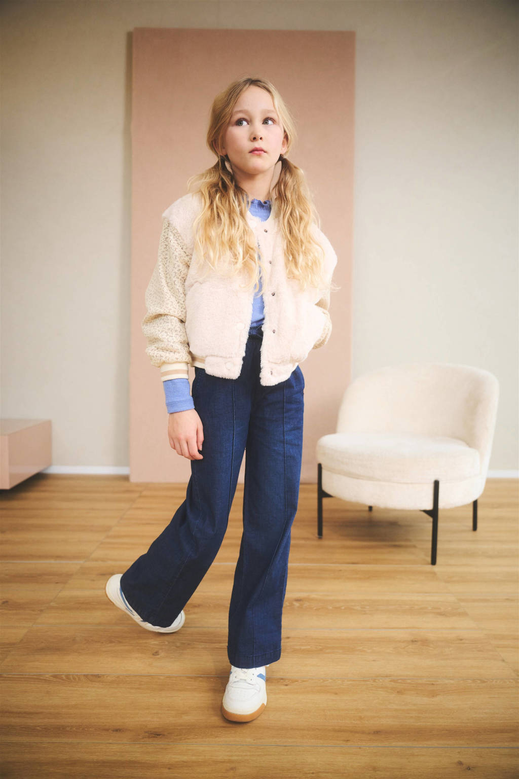 NONO baseball jacket Darsy met printopdruk en kant ivoor