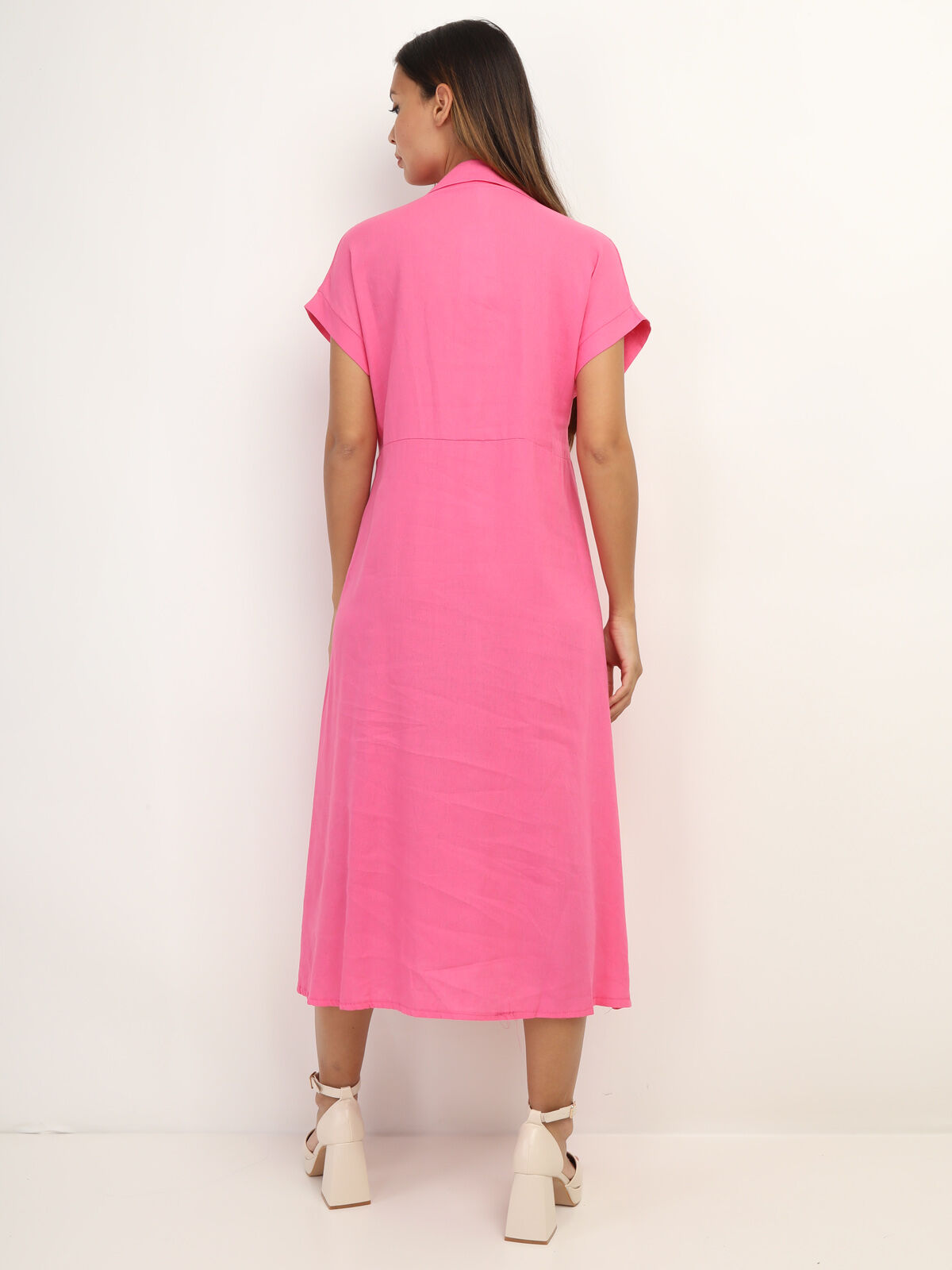 Robe en lin boutonnée à fente- Rose bonbon