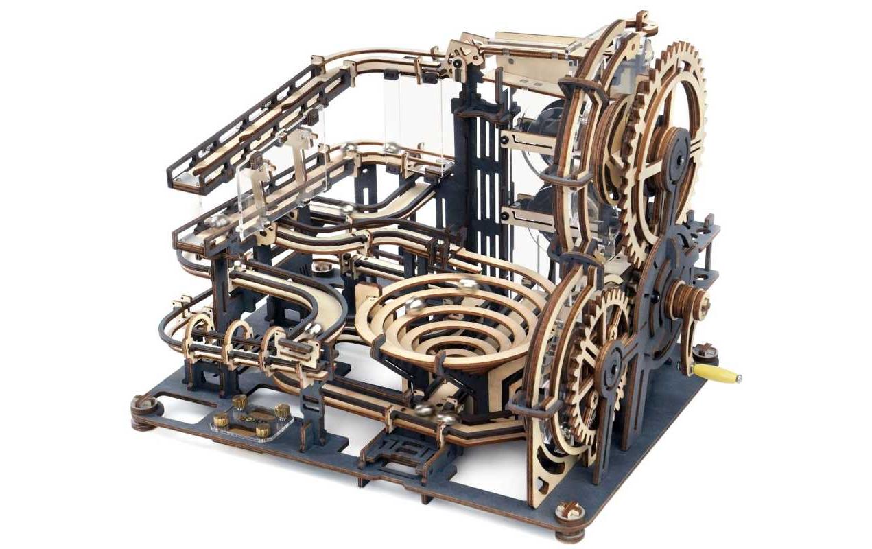Bausatz Murmelbahn Night City mit Kurbelantrieb3D-Puzzle aus lasergeschnittenen Holzteilen