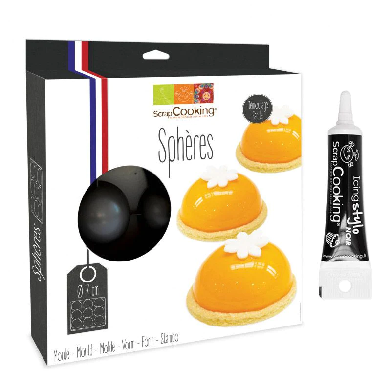 Moule à gâteau semi-rigide 9 demi-sphères + Stylo de glaçage noir Scra