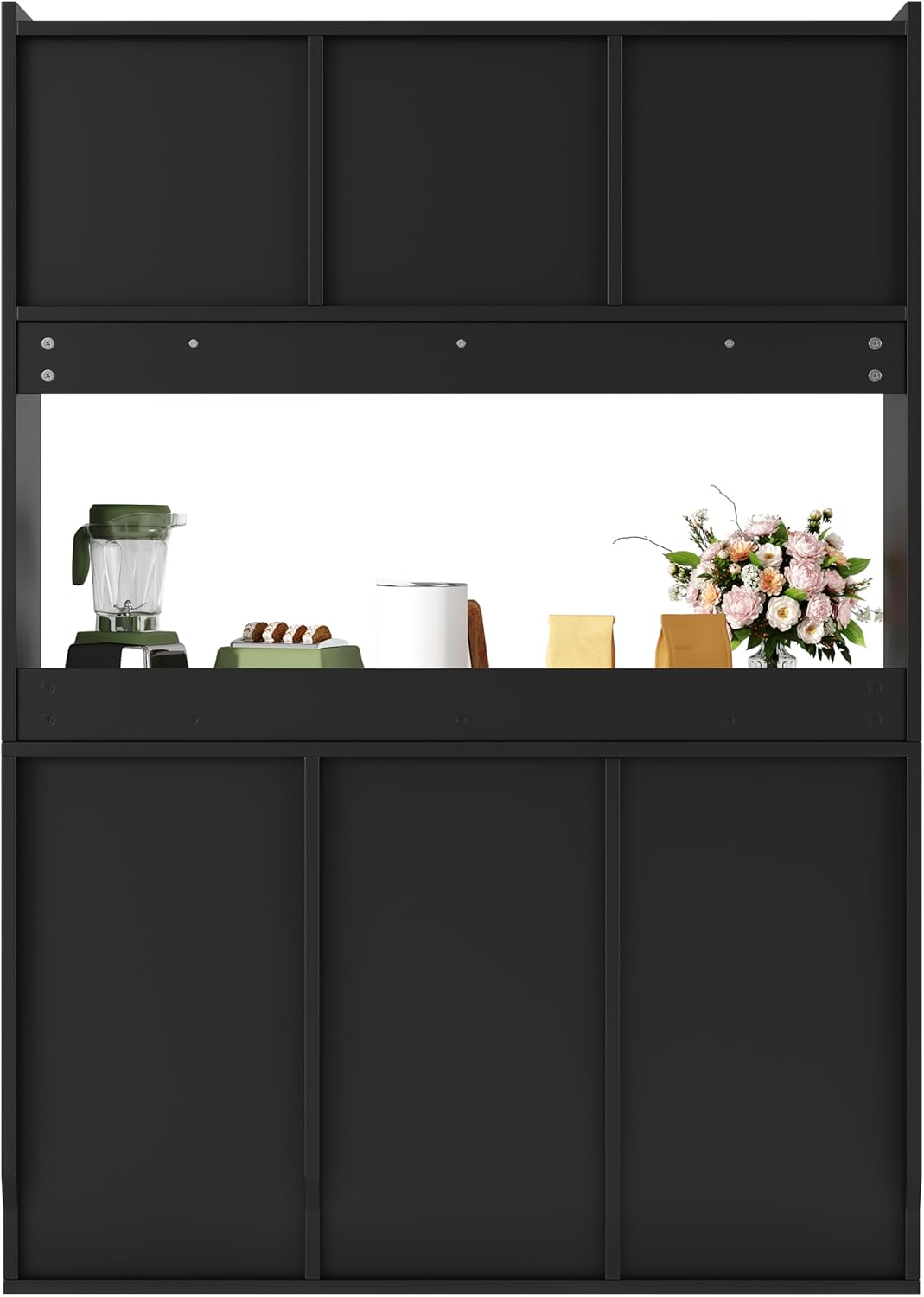 Küchenschrank, Hochschrank, Vitrinenschrank, Buffetschrank mit Verstellbaren Ablagen, Esszimmerschrank, Sideboard mit LED-Beleuchtung, Schwarz