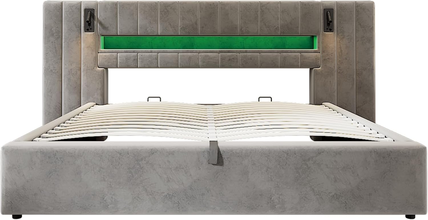 Kayan Polsterbett 180x200cm, Boxspringbett mit hydraulisches Bettkasten, Doppelbett mit LED-Kopfteil und Lattenrost, Leselicht mit USB Aufladen, Stauraumbett Jugendbett Bettgestell, Samt