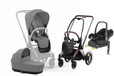 Cybex e-Priam Duovogn inkl. Maxi-Cosi CabrioFix & Base, Mirage Grey/Rose Gold